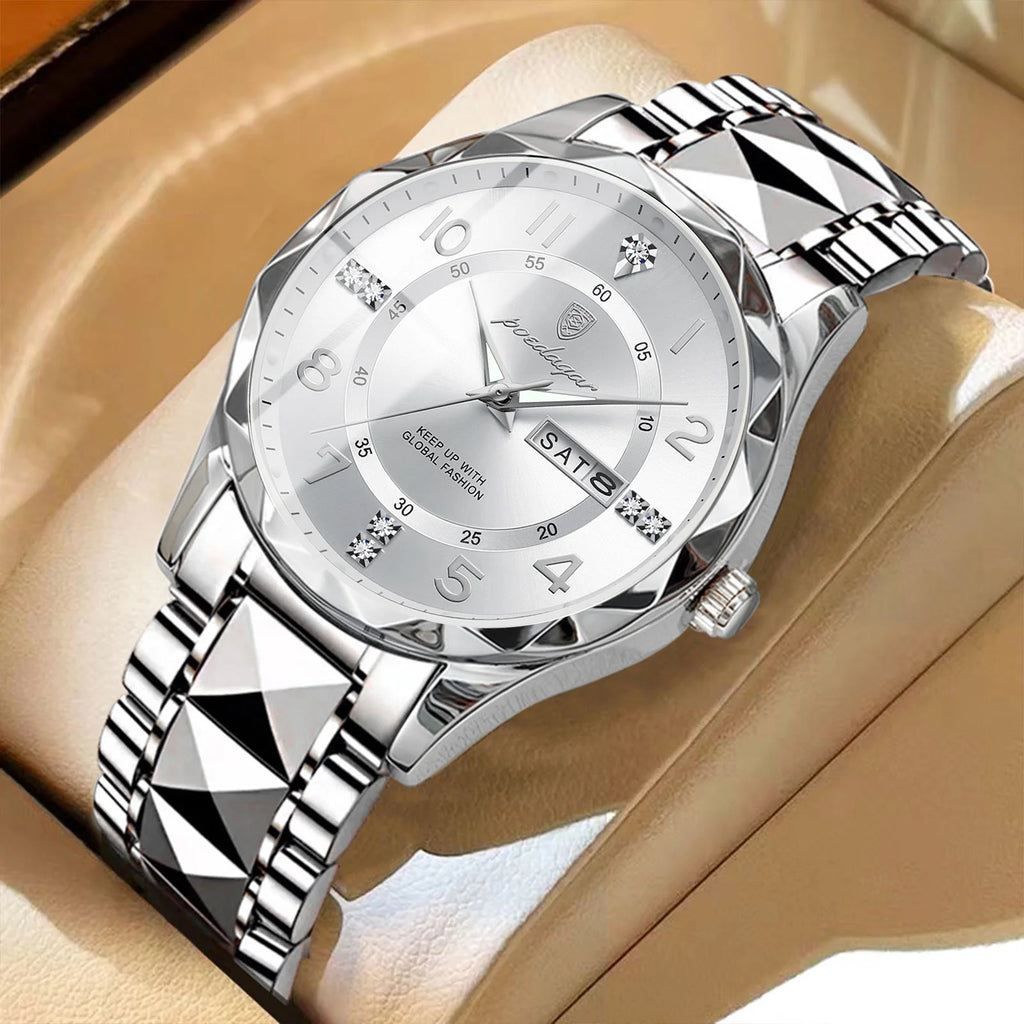 POEDAGAR Top Business Men Quartz Watch Waterproof Date Week Luminous Wristwatch Stainless Steel Fashion Men's Watches Man Clock